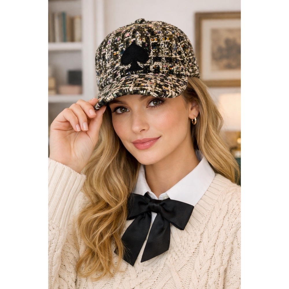 Kate Spade New York Women's Tweed Wool Blend Baseball Cap OS‎ Black Spade Logo